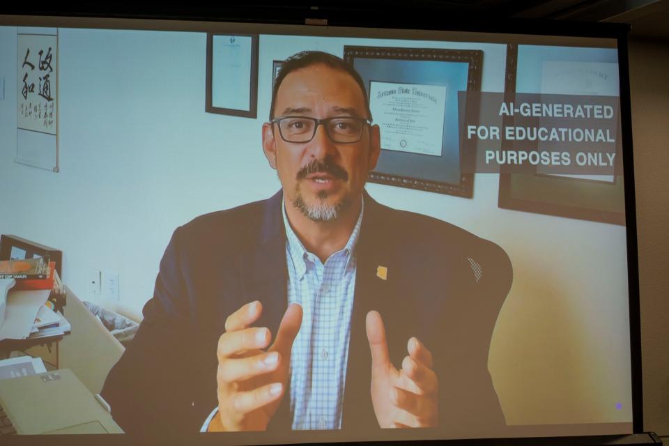  An AI-generated video of Secretary of State Adrian Fontes was shown to journalists who participated in the May 9, 2024, tabletop exercise that Fontes hosted to help journalists understand how election officials must adapt on the fly as they manage Arizona elections. Photo by Jerod MacDonald-Evoy | Arizona Mirror