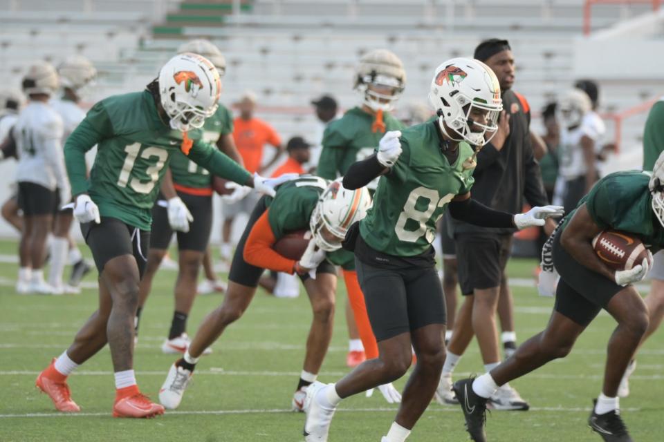 Florida A&M football goes through drills during the first day of spring practice at Bragg Memorial Stadium in Tallahassee, Florida on Tuesday, March 7, 2023