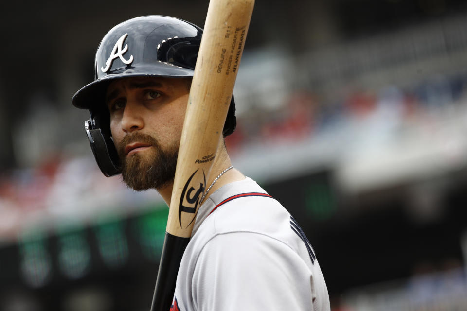 FILE - In this July 31, 2019 file photo, Atlanta Braves' Ender Inciarte prepares for an at-bat during a baseball game against the Washington Nationals, in Washington. Venezuelans Rougned Odor of the Texas Rangers and Inciarte donated funds to help pay for a junior team from Venezuela to travel to South Williamsport, Pennsylvania, to participate in the Little League Baseball World Series. (AP Photo/Patrick Semansky, File)