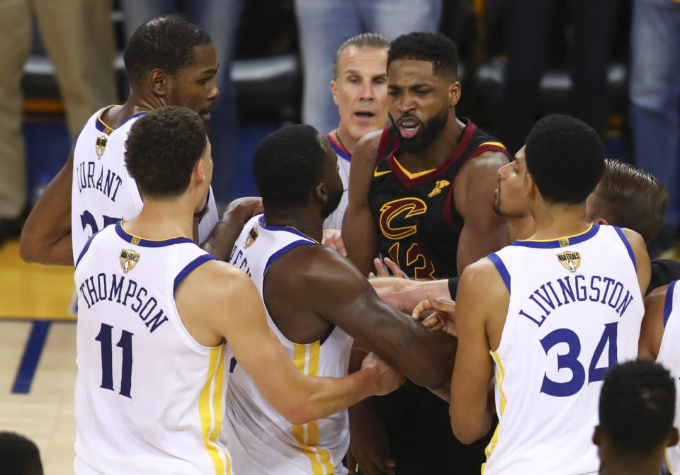 Cleveland Cavaliers center Tristan Thompson avoids suspension, is fined $25,000 after Game 1 altercation with Golden State’s Draymond Green. (AP Photo/Ben Margot)