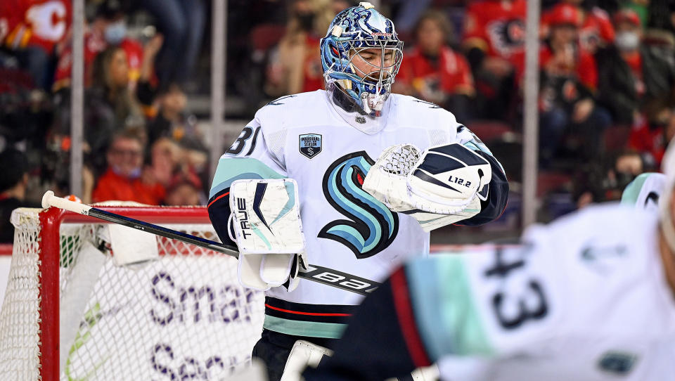 The Seattle Kraken have a decision to make with a number of players ahead of the NHL trade deadline, including netminder Philipp Grubauer. (Photo by Brett Holmes/Icon Sportswire via Getty Images)