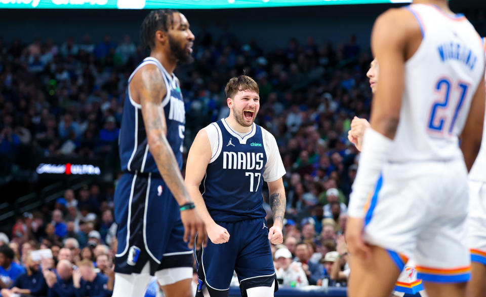 Feb 10, 2024; Dallas, Texas, USA; Dallas Mavericks guard Luka Doncic (77) celebrates during the second half against the Oklahoma City Thunder at American Airlines Center. Mandatory Credit: Kevin Jairaj-USA TODAY Sports