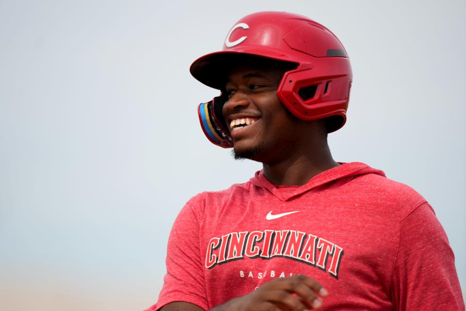 Cincinnati Reds minor league player Cam Collier serves as a baserunner during rundown drills during spring training workouts, Friday, Feb. 23, 2024, at the team’s spring training facility in Goodyear, Ariz.