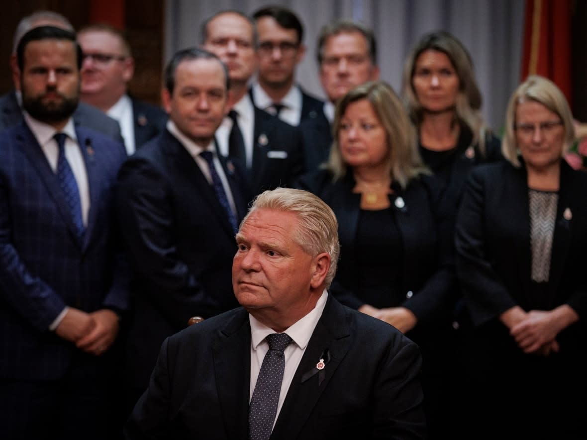 Ontario Premier Doug Ford, pictured with some of his cabinet ministers during the accession ceremony for King Charles III at Queen’s Park in September. (Evan Mitsui/CBC - image credit)