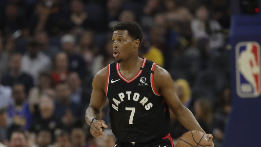 Toronto Raptors guard Kyle Lowry (7) against the Golden State Warriors during an NBA basketball game in San Francisco, Thursday, March 5, 2020. (AP Photo/Jeff Chiu)