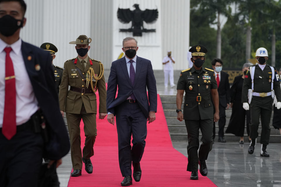 Australian Prime Minister Anthony Albanese leaves a wreath laying ceremony at Kalibata Heroes Cemetery in Jakarta, Indonesia, Monday, June 6, 2022. (AP Photo/Achmad Ibrahim)