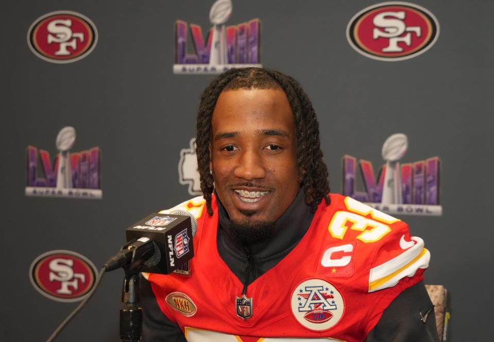 Kansas City Chiefs cornerback L'Jarius Sneed during a news conference in the week leading up to Super Bowl LVIII in Las Vegas, Feb. 7, 2024.
