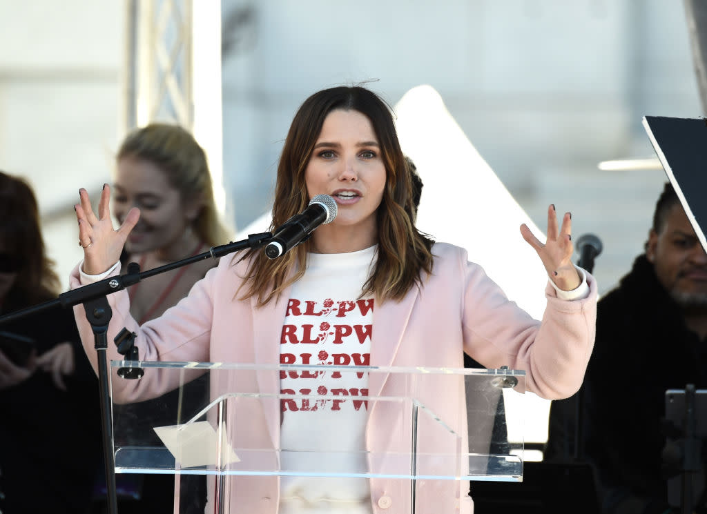 Sophia Bush speaks on Jan. 20, 2018, at the 2018 Women's March Los Angeles. (Photo: Amanda Edwards/Getty Images for The Women's March Los Angeles) 