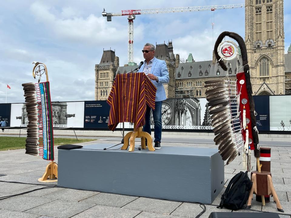 Jason Batise, executive director of the Wabun Tribal Council, speaks to First Nations leaders in Ottawa.