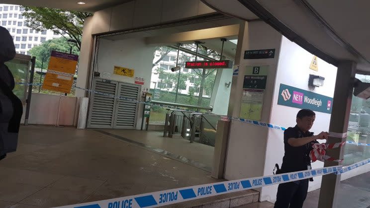 A man has been arrested for leaving suspicious white substance at Woodleigh MRT station on Tuesday (18 April) Photo: Wan Ting Koh/Yahoo Singapore