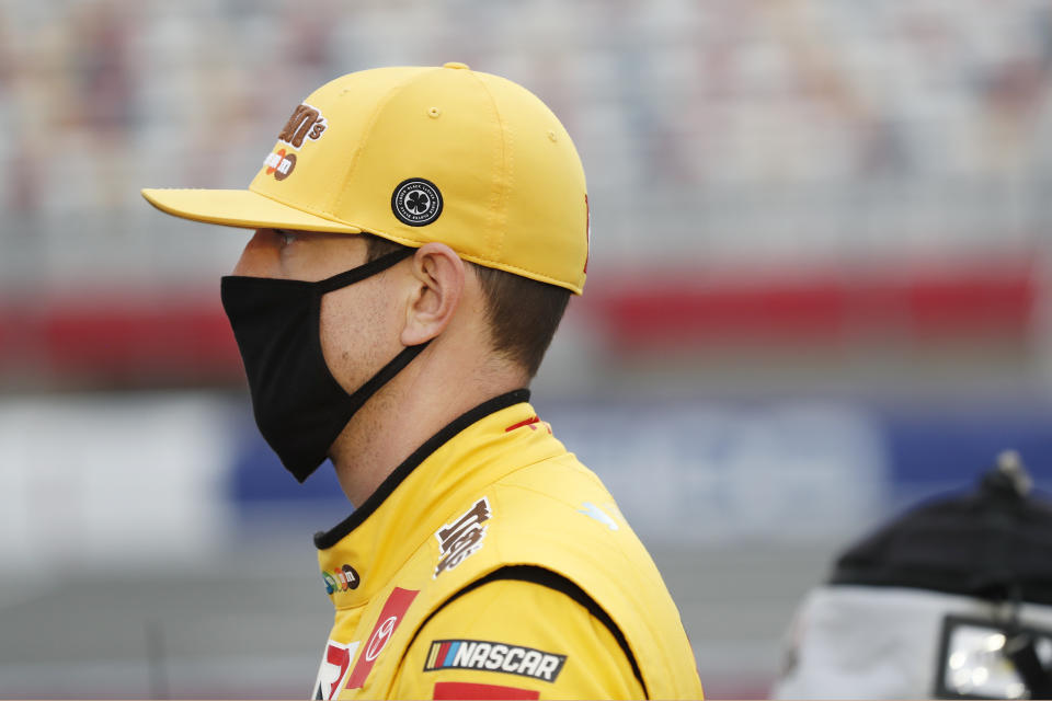 Kyle Busch waits for the start of a NASCAR Xfinity Series auto race at Charlotte Motor Speedway Monday, May 25, 2020, in Concord, N.C. (AP Photo/Gerry Broome)