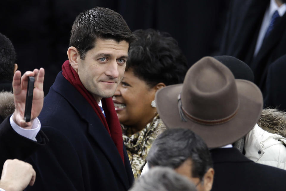 Rep. Paul Ryan, R-Wis., arrives at the ceremonial swearing-in for President Barack Obama at the U.S. Capitol during the 57th Presidential Inauguration in Washington, Monday, Jan. 21, 2013. (AP Photo/Carolyn Kaster)