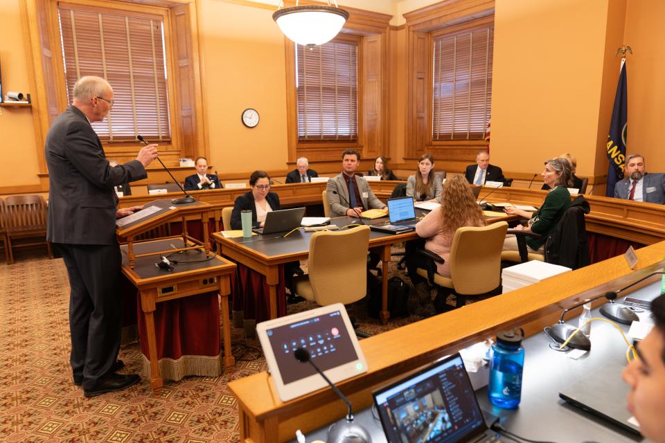 Kansas Board of Regents president Blake Flanders, answers questions at the Legislative Post Audit Committee meeting Wednesday, Feb. 21, 2024, at the Kansas Statehouse.