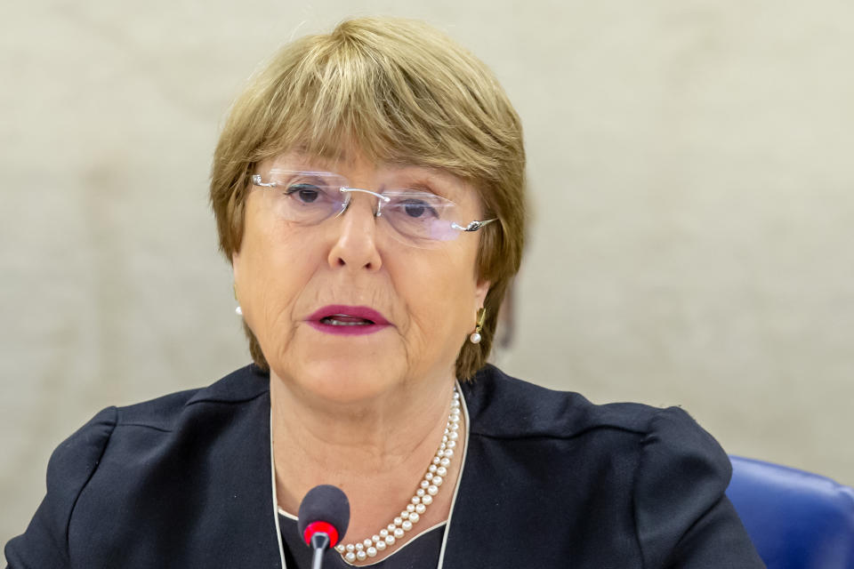 U.N. High Commissioner for Human Rights Chilean Michelle Bachelet speaks during the opening of the 41th session of the Human Rights Council, at the European headquarters of the United Nations in Geneva, Switzerland, Monday, June 24, 2019 (Magali Girardin/Keystone via AP)