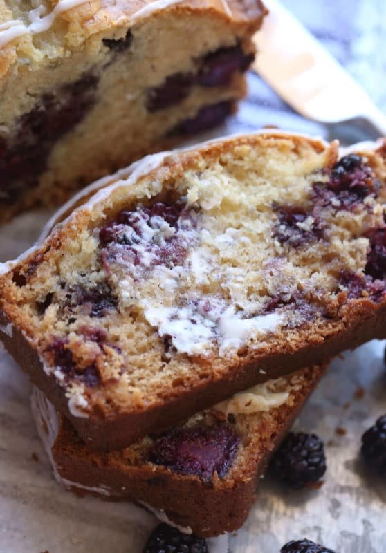 <p>Cookies and Cups</p><p>Blackberry bread is a quick and easy loaf cake, loaded with sweet blackberries and a soft, buttery flavor.</p><p><strong>Get the recipe: <a href="https://cookiesandcups.com/blackberry-bread/" rel="nofollow noopener" target="_blank" data-ylk="slk:Blackberry Bread;elm:context_link;itc:0;sec:content-canvas" class="link ">Blackberry Bread</a></strong></p>