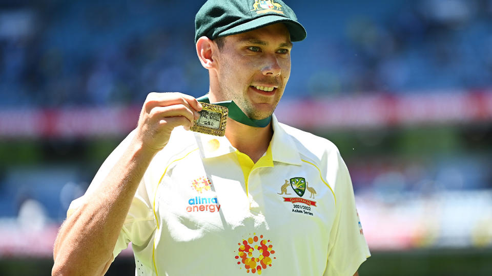 Scott Boland, pictured here with the Johnny Muller medal for man of the match in the third Ashes Test. 