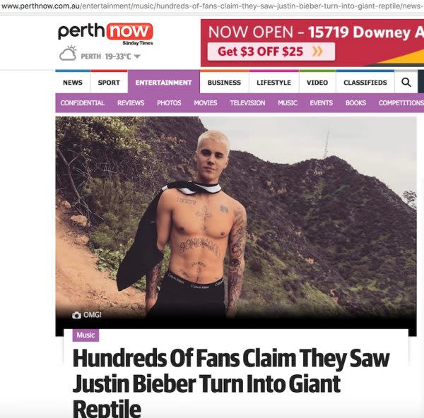 Justin Bieber reptilian article screenshot