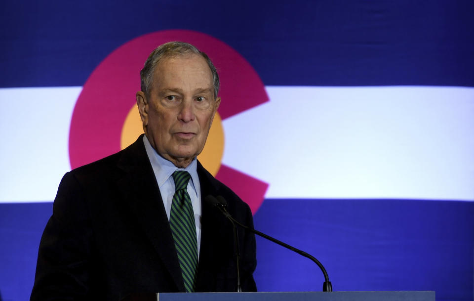 Democratic presidential contender Michael Bloomberg speaks to gun control advocates and victims of gun violence in Aurora, Colo., on Thursday, Dec. 5, 2019. The billionaire former New York City mayor unveiled a gun control policy just steps from one of Colorado's worst mass shootings, calling for a ban on all assault weapons. (AP Photo/Thomas Peipert)