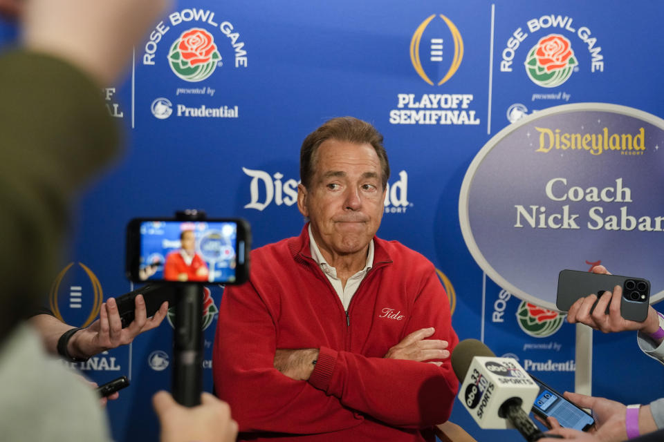 Alabama head coach Nick Saban listens to reporters during a welcome event at Disneyland on Wednesday, Dec. 27, 2023, in Anaheim, Calif. Alabama is scheduled to play against Michigan on New Year's Day in the Rose Bowl, a semifinal in the College Football Playoff. (AP Photo/Ryan Sun)