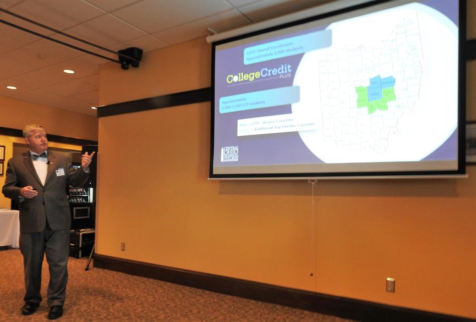 President John Berry of Central Ohio Technical College shows a slide detailing where the majority of the college's students live. He recently gave a state of the college address at Montgomery Hall on the Coshocton Campus with a focus on working with Intel.