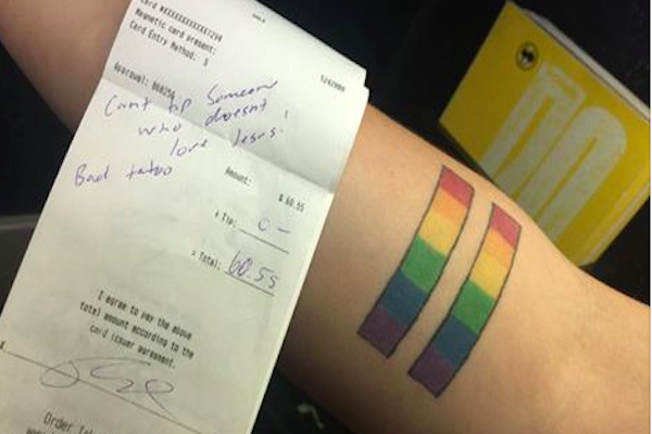 A couple left an angry note instead of a tip for a waitress — all because she has a rainbow tattoo