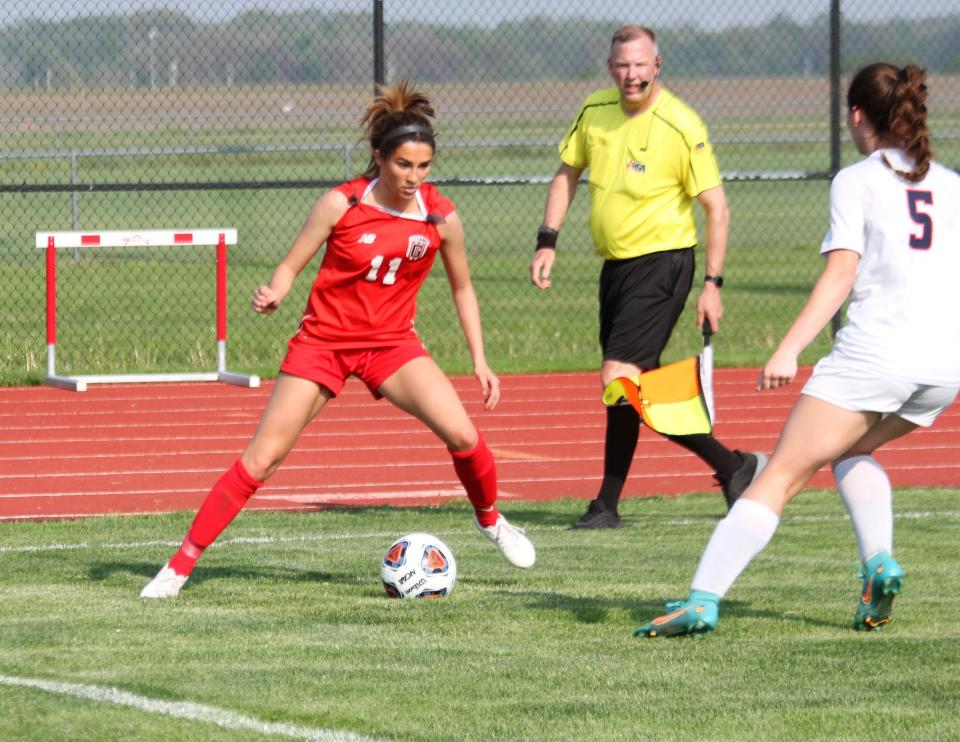 Chatham Glenwood senior forward Ella Beeler controls the ball during a Central State Eight Conference match against Rochester at the Glenwood Athletic Complex on Tuesday, May 10.