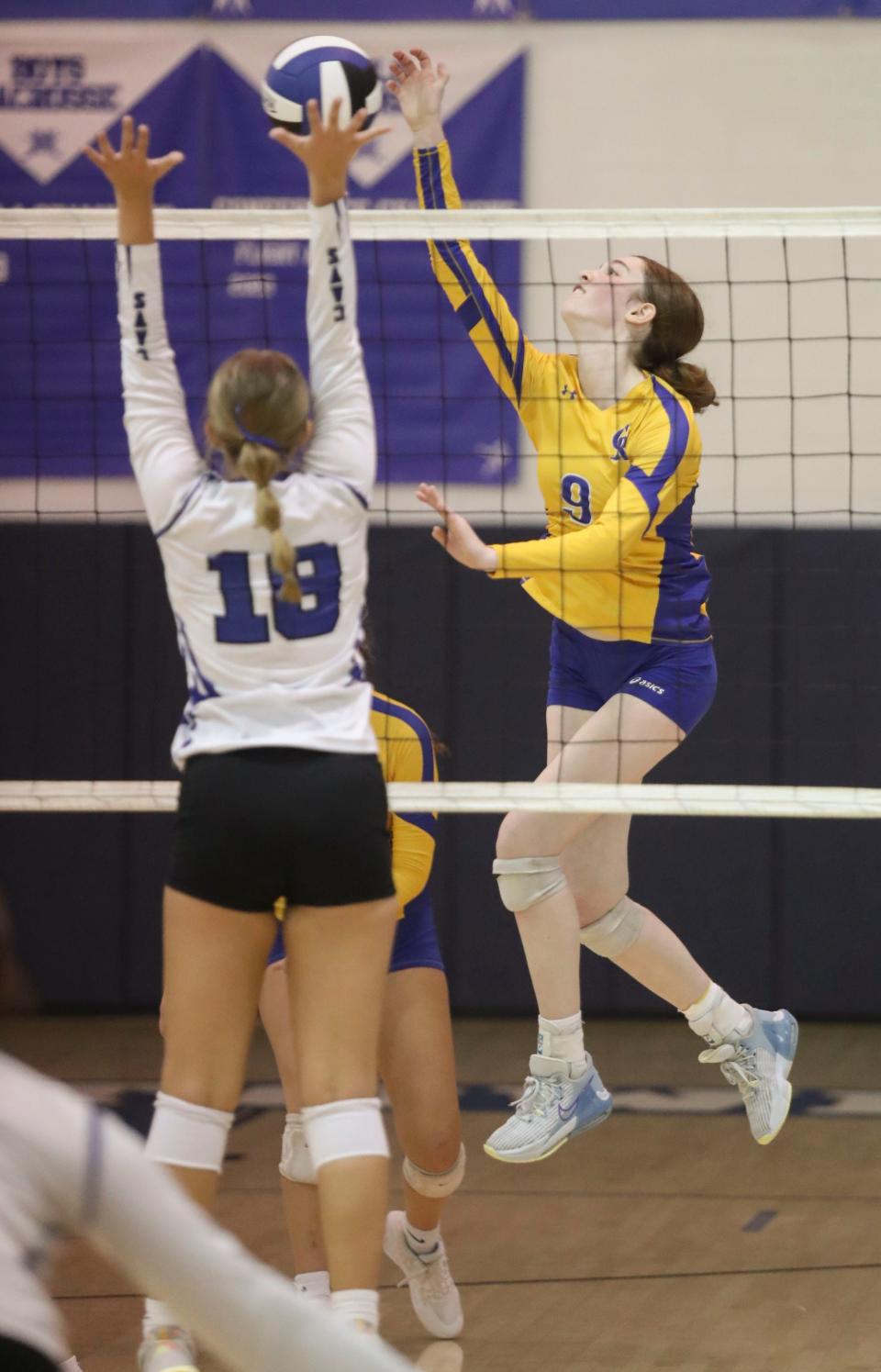 Caesar Rodney's Melissa Eddy (9) hits in the second set of the Riders' 3-1 win at Middletown, Thursday, Oct. 5, 2023.