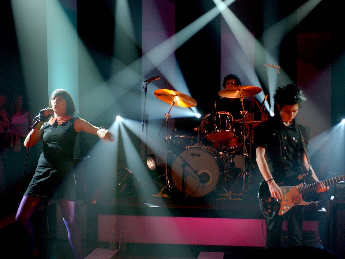 Karen O, Nick Zinner, Brian Chase of Yeah Yeah Yeahs perform on ‘Later with Jools Holland’ on 21 May 2003 (Andre Csillag/Shutterstock)