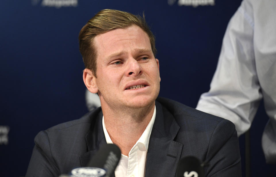 Australian Cricket Captain Steve Smith speaks during a press conference at Sydney International Airport in Sydney, Thursday, March 29, 2018. Former Australian captain Smith, vice-captain David Warner and opening batsman Cameron Bancroft were banned by Cricket Australia after an investigation into the attempted ball tampering during the third test against South Africa. (Brendan Esposito/AAP Image via AP)