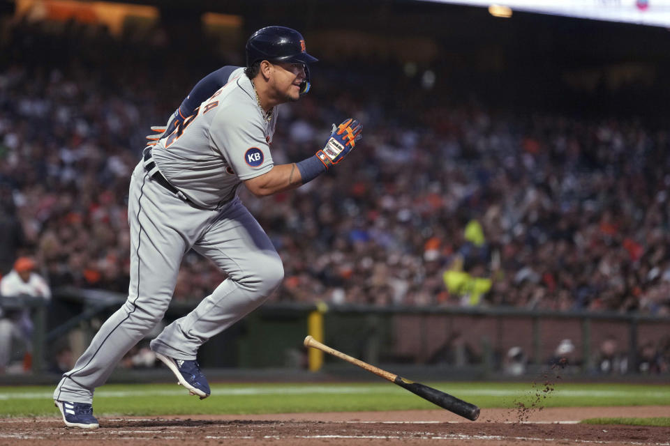 Detroit Tigers' Miguel Cabrera runs to first base after hitting an RBI single against the San Francisco Giants during the sixth inning of a baseball game Tuesday, June 28, 2022, in San Francisco. (AP Photo/Darren Yamashita)