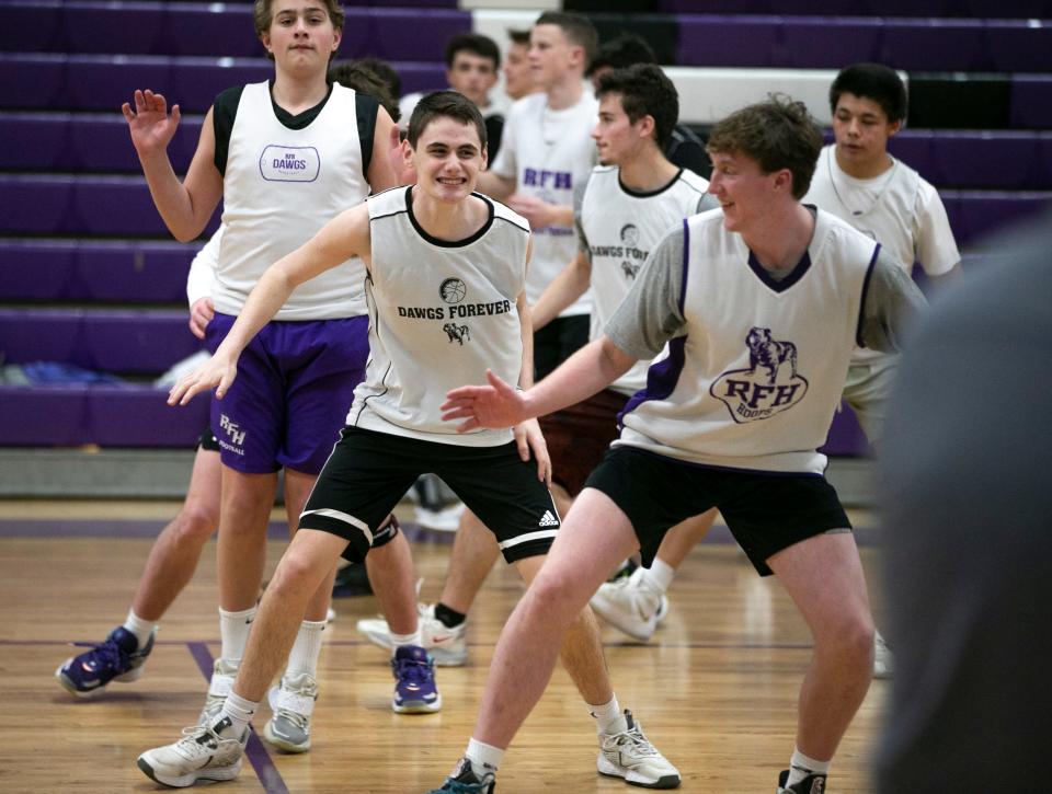 Rumson-Fair Haven High School boys basketball manager Matt "Matty Cools" Newman, who has autism, leads the team through some fun games and exercises during the first half of practice.       
Rumson, NJ
Friday, February 11, 2022