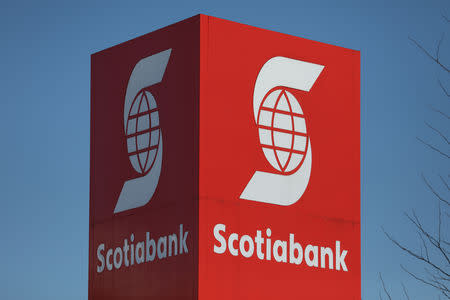 The Bank of Nova Scotia (Scotiabank) logo is seen outside of a branch in Ottawa, Ontario, Canada, February 14, 2019. REUTERS/Chris Wattie
