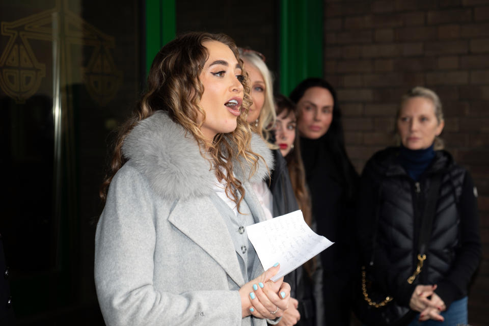 Georgia Harrison speaks to the media outside Chelmsford Crown Court after her former partner and reality TV star, Stephen Bear, was sentenced to 21 months in prison for sharing a private video of himself having sex with his Ms Harrison on his OnlyFans website. Picture date: Friday March 3, 2023. (Photo by Joe Giddens/PA Images via Getty Images)