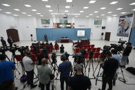 Palestinian Attorney General Akram Al Khateeb, rear center left, and spokesperson for the Palestinian Presidency, Nabil Abu Rudeineh announce the results of the Palestinian investigation into the death of Palestinian-American Al-Jazeera journalist Shireen Abu Akleh, in the West Bank city of Ramallah, Thursday, May 26, 2022. Khateeb said the probe showed Israeli troops intentionally killed her during an army raid in the West Bank city of Jenin. Israel is likely to reject the findings as biased and unfounded. (AP Photo/Majdi Mohammed)