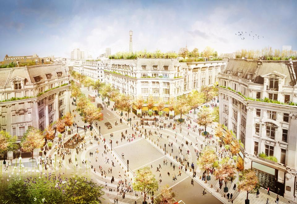 A bird’s eye view of the new plans with traffic continuing on Regent Street and two new Piazzas on Oxford Street