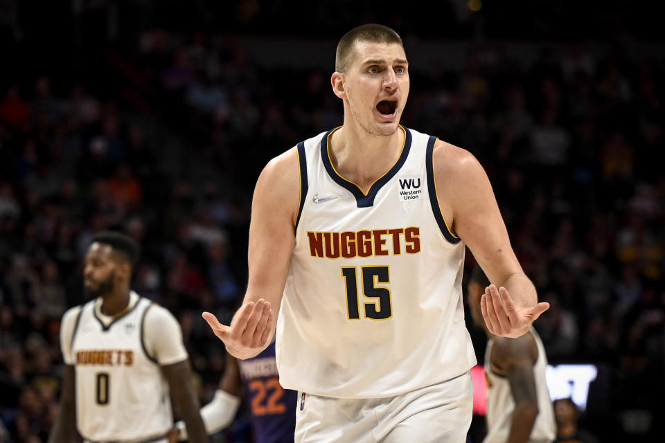 DENVER, CO - MARCH 24: Nikola Jokic (15) of the Denver Nuggets looks for a call during the first quarter against the Phoenix Suns on Thursday, March 24, 2022. (Photo by AAron Ontiveroz/MediaNews Group/The Denver Post via Getty Images)