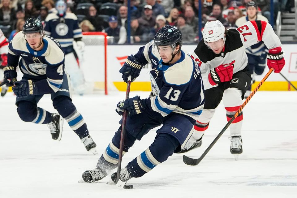 Jan 19, 2024; Columbus, Ohio, USA; Columbus Blue Jackets left wing Johnny Gaudreau (13) skates up ice during the first period of the NHL hockey game against the New Jersey Devils at Nationwide Arena.