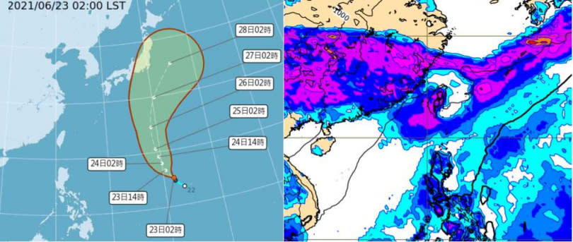 今（23日）晨2時中央氣象局「路徑潛勢預測圖」顯示，熱帶低壓今日將發展成第5號颱風「薔琵」，逐漸向北迴轉（左），併入「梅雨鋒」，對台無影響。最新(22日20時)歐洲(ECMWF)模式，模擬29日20時地面氣壓及雨量圖顯示，「西南季風」影響，迎風面中南部有明顯降雨（右）。（圖／翻攝自「三立準氣象· 老大洩天機」專欄）