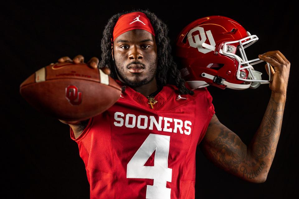 Oklahoma’s Justin Harrington (4) is pictured at OU media day in Norman, Okla., on Tuesday, Aug. 1, 2023.