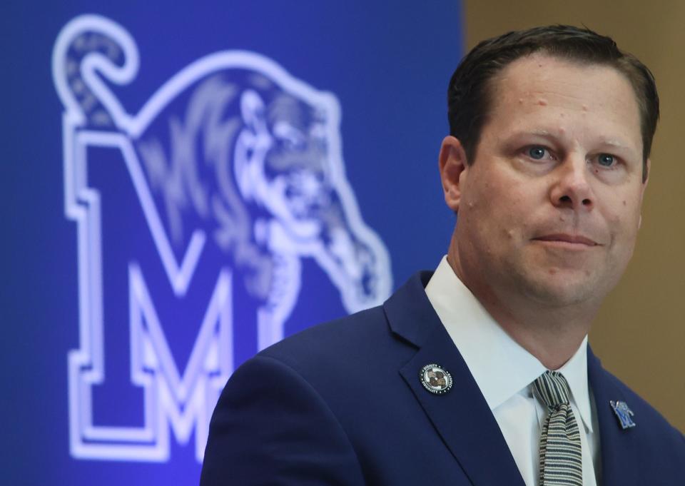 University of Memphis Director of Athletics Laird Veatch speaks during a dedication ceremony for the Larry Finch Plaza, a tribute to the late Memphis basketball legend at the Laurie-Walton Family Basketball Center Thursday Oct. 28, 2021. 