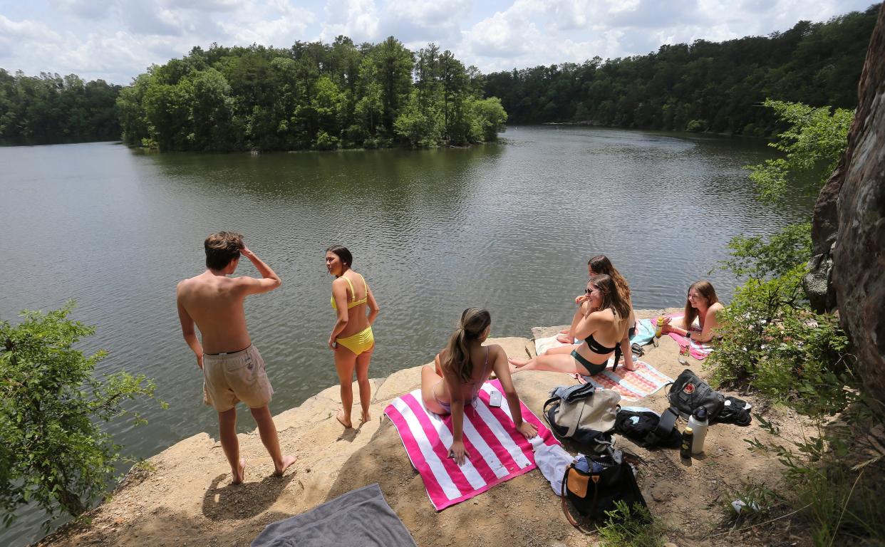 Tyler Coleman, Greta Kohls,  Jordan Brown, Mary Heglin, Sophia Warms, and Grace Borawski enjoy some of the first truly summer-like weather in west Alabama at Lake Nicol in Tuscaloosa Saturday, May 16, 2020. [Staff Photo/Gary Cosby Jr.]