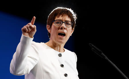 Annegret Kramp-Karrenbauer addresses a Christian Democratic Union (CDU) party congress in Berlin, Germany, February 26, 2018. REUTERS/Fabrizio Bensch