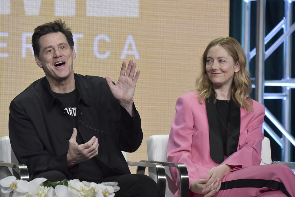 Jim Carrey, left, and Judy Greer participate in the Showtime "Kidding" panel during the Summer 2019 Television Critics Association Press Tour at the Beverly Hilton Hotel on Friday, Aug. 2, 2019, in Beverly Hills, Calif. (Photo by Richard Shotwell/Invision/AP)