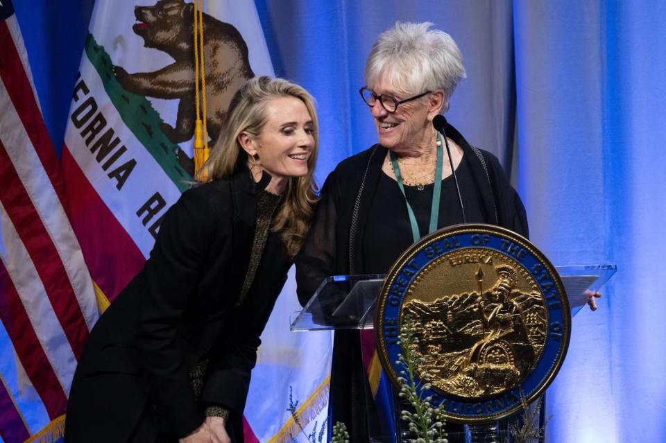 First Partner Jennifer Siebel Newsom shares a moment with artistic director and choreographer Brenda Way as she speaks after being inducted into the California Hall of Fame on Tuesday, Feb. 6, 2024, at the California Museum in Sacramento. Hector Amezcua/hamezcua@sacbee.com