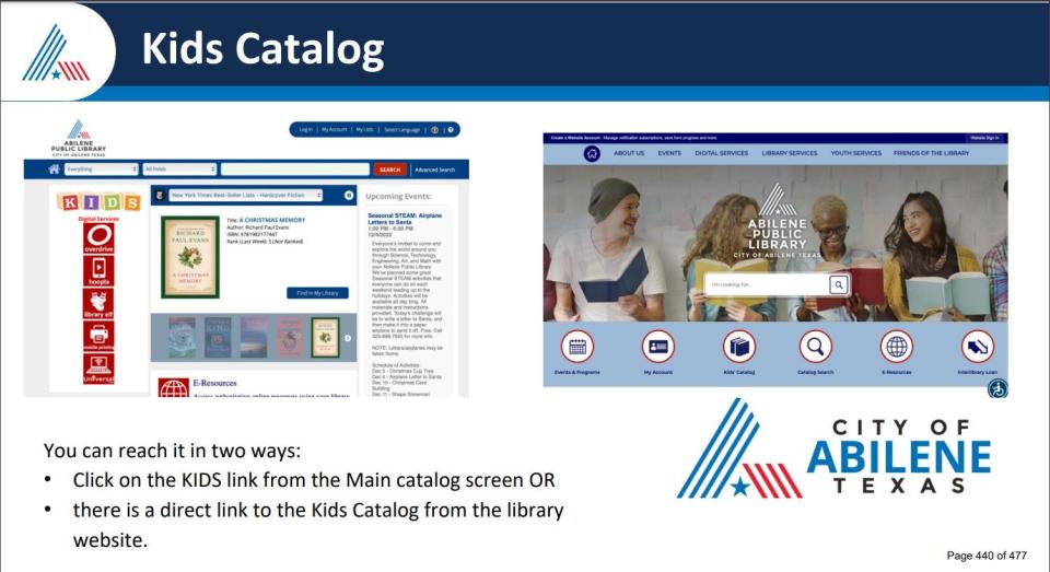 Changes to the children's catalog in the Abilene Public Library system shown in a city slide presentation.