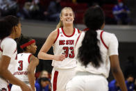 North Carolina State's Elissa Cunane (33) celebrates an early basket against Duke during the first half of an NCAA college basketball game, Sunday, Jan. 16, 2022, in Raleigh, N.C. (AP Photo/Karl B. DeBlaker)