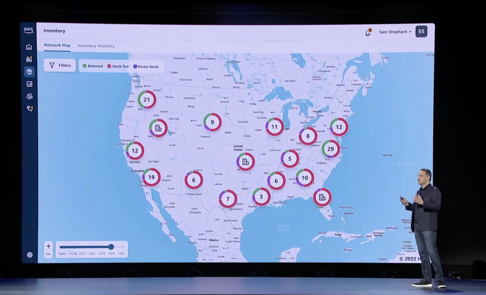 AWS Supply Chain data map showing locations and inventories in each location.