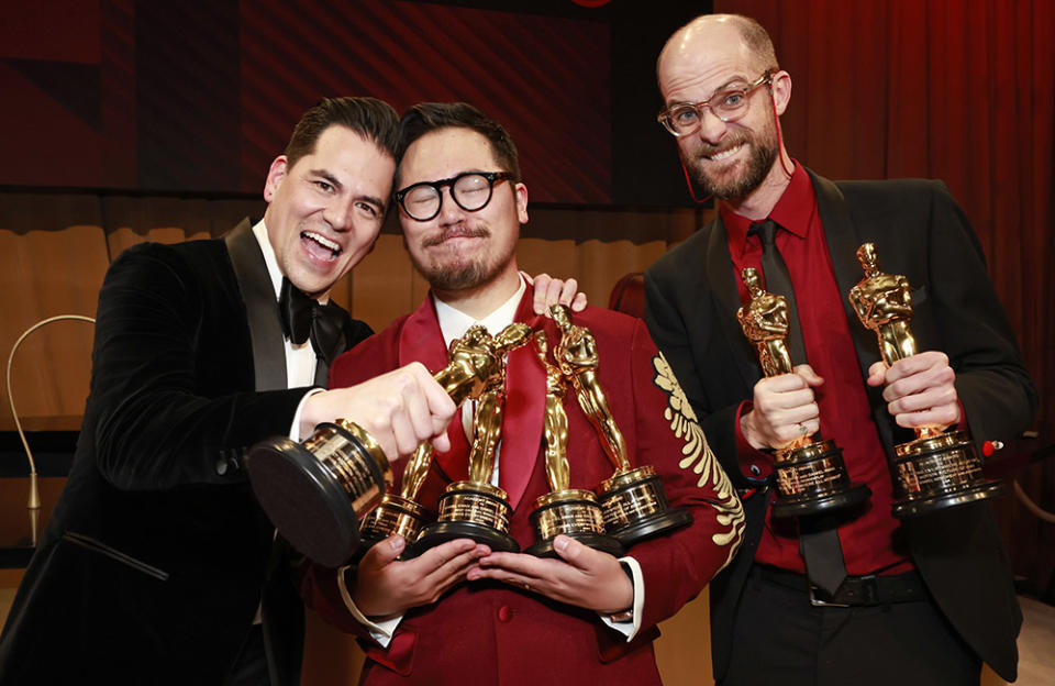 (L-R) Jonathan Wang, Dan Kwan and Daniel Scheinert, winners of the Best Director and Best Picture award for "Everything Everywhere All at Once," attend the Governors Ball during the 95th Annual Academy Awards at Dolby Theatre on March 12, 2023 in Hollywood, California.