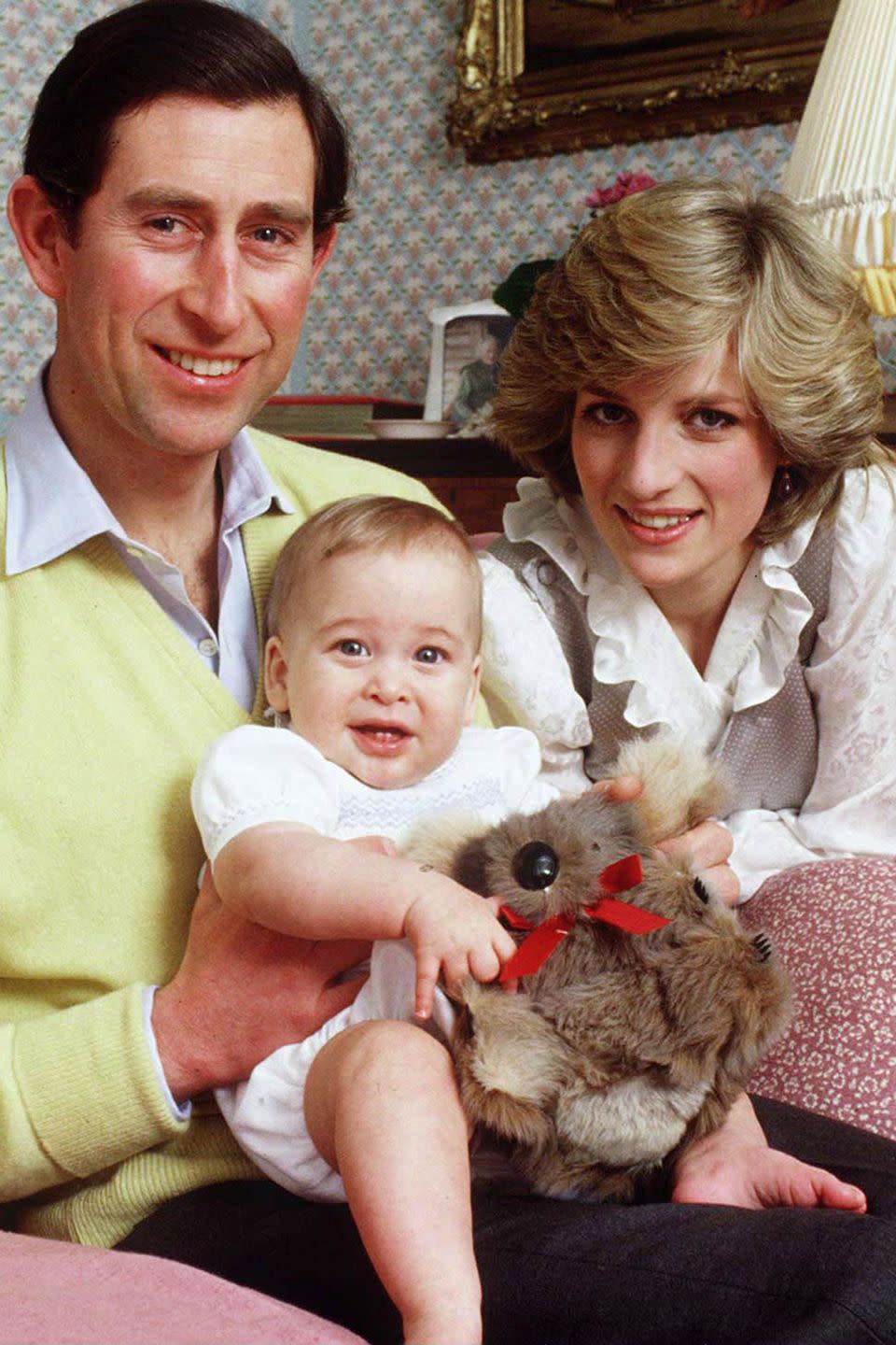 <p>Prince Charles, Princess Diana, and Prince William (holding a toy koala) pose for a family photo at Kensington Palace. </p>