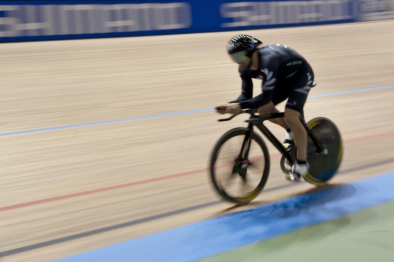 New Zealand's Simon Van Velthooven competes during the UCI Track Cycling World Championship men's 1Km time trial final at Alcides Nieto Patino velodrome, in Cali, Colombia on February 28, 2014